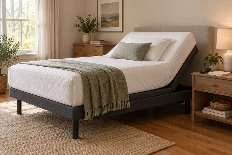 Adjustable bed with its head section raised and a remote on a bedside table in a compact bedroom