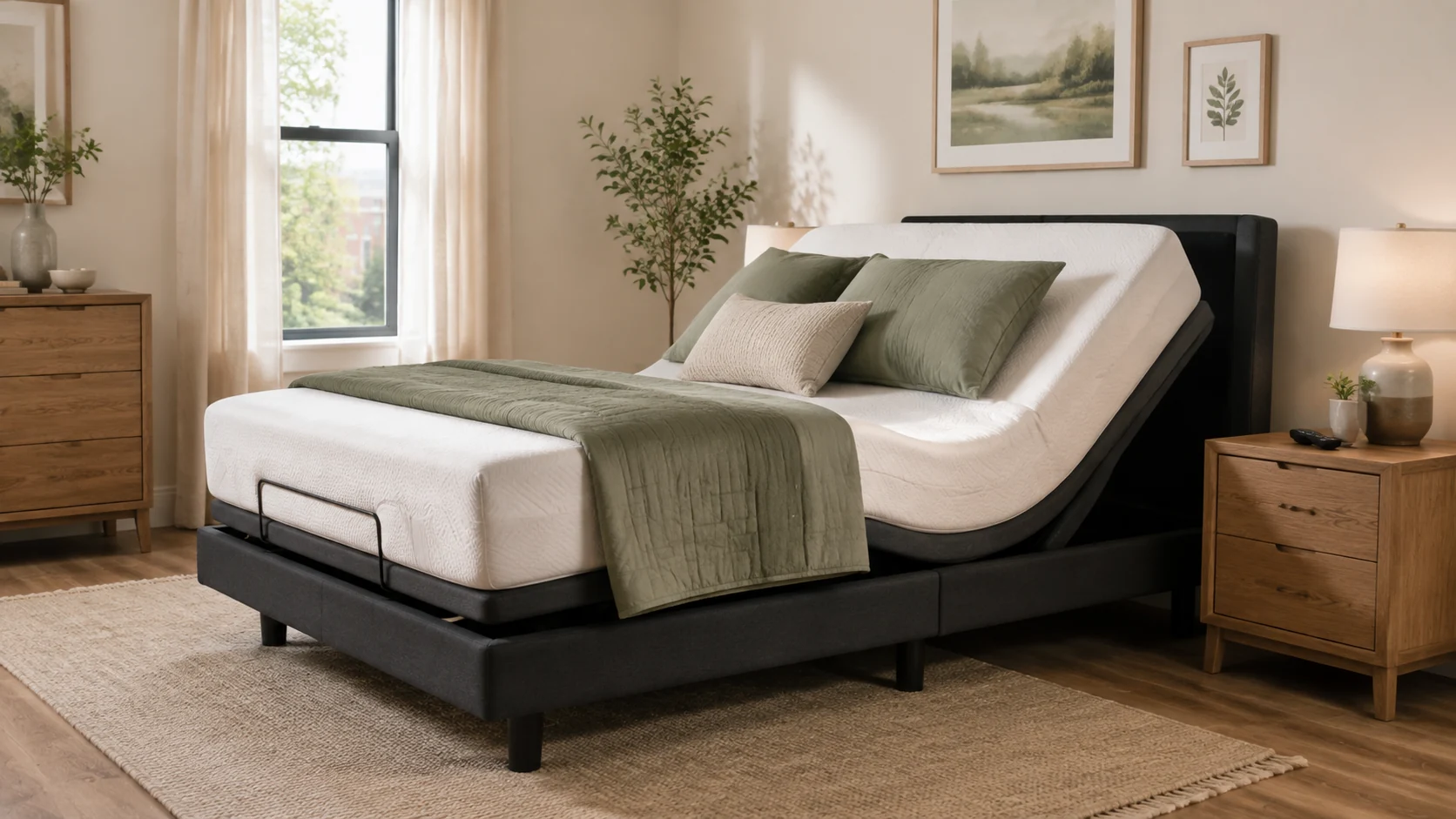 Adjustable bed with raised head section and a bedside remote in a compact bedroom