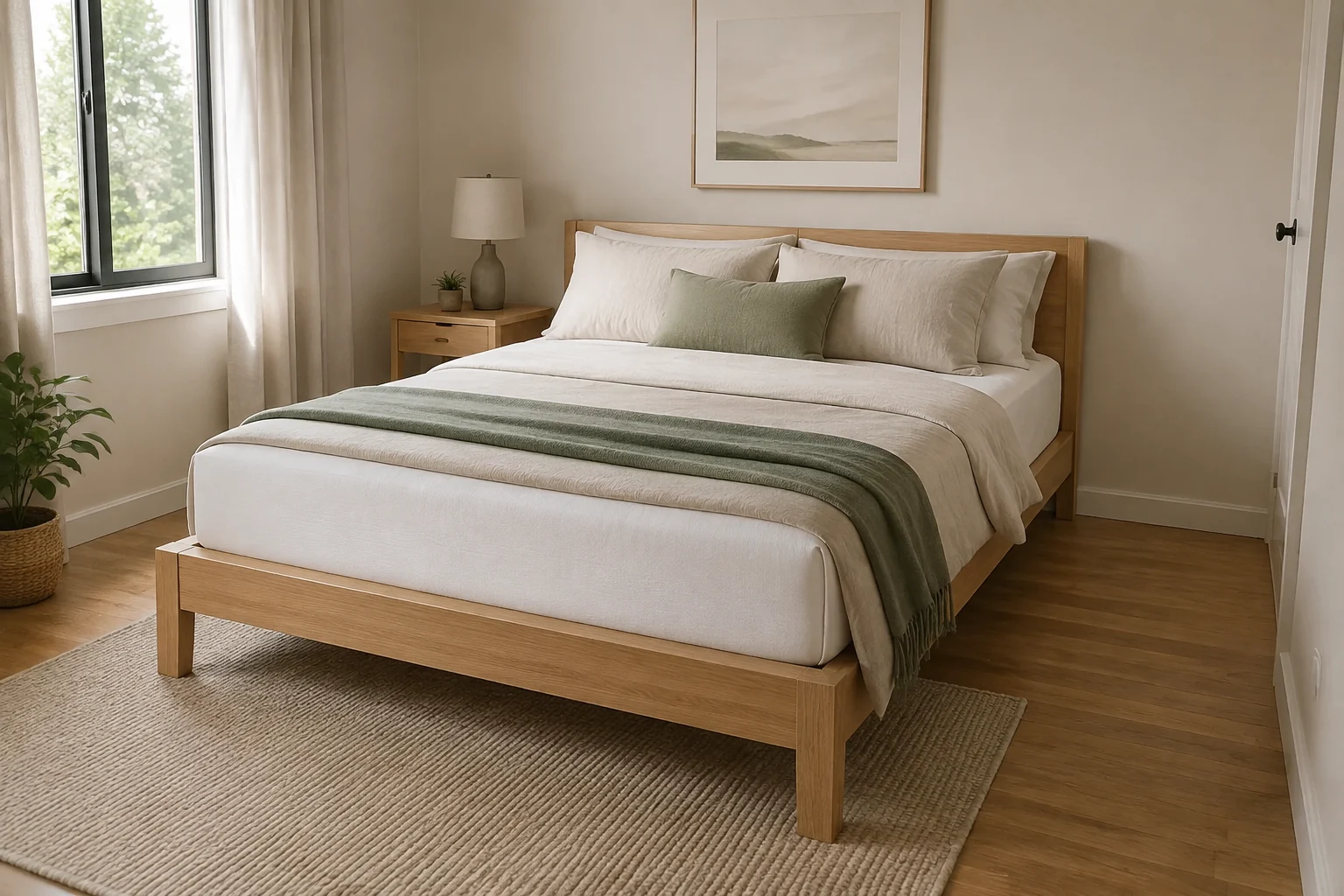 Natural wood platform bed with white bedding and a walking aisle in a compact bedroom