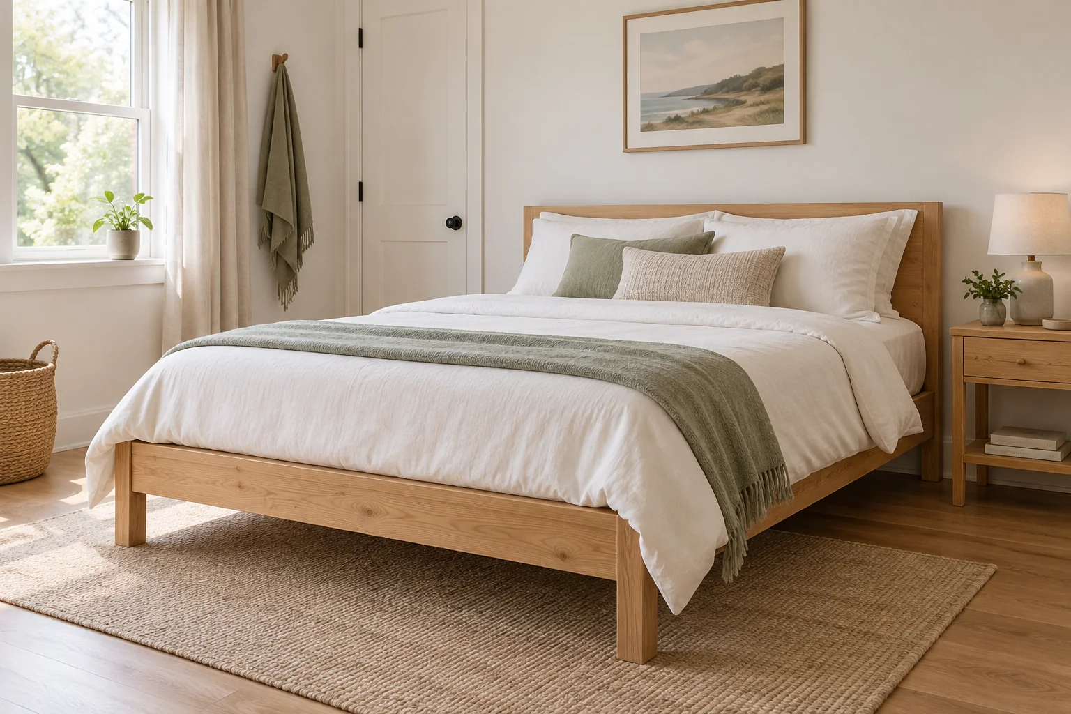 Light wood bed with white bedding and a sage throw in a compact sunlit bedroom