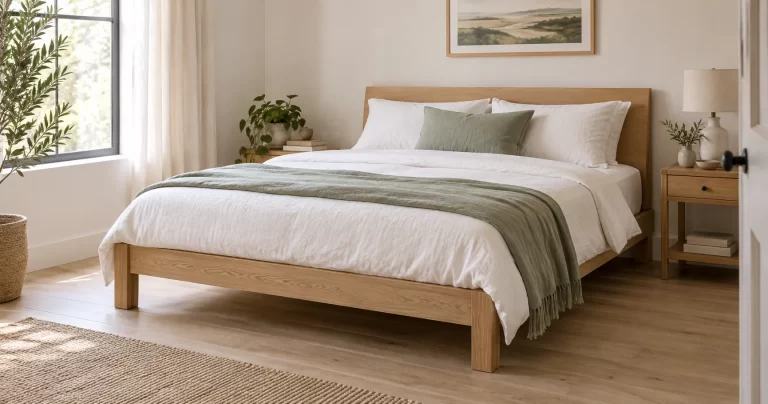 Light wood platform bed with white bedding and a sage throw in a compact sunlit bedroom