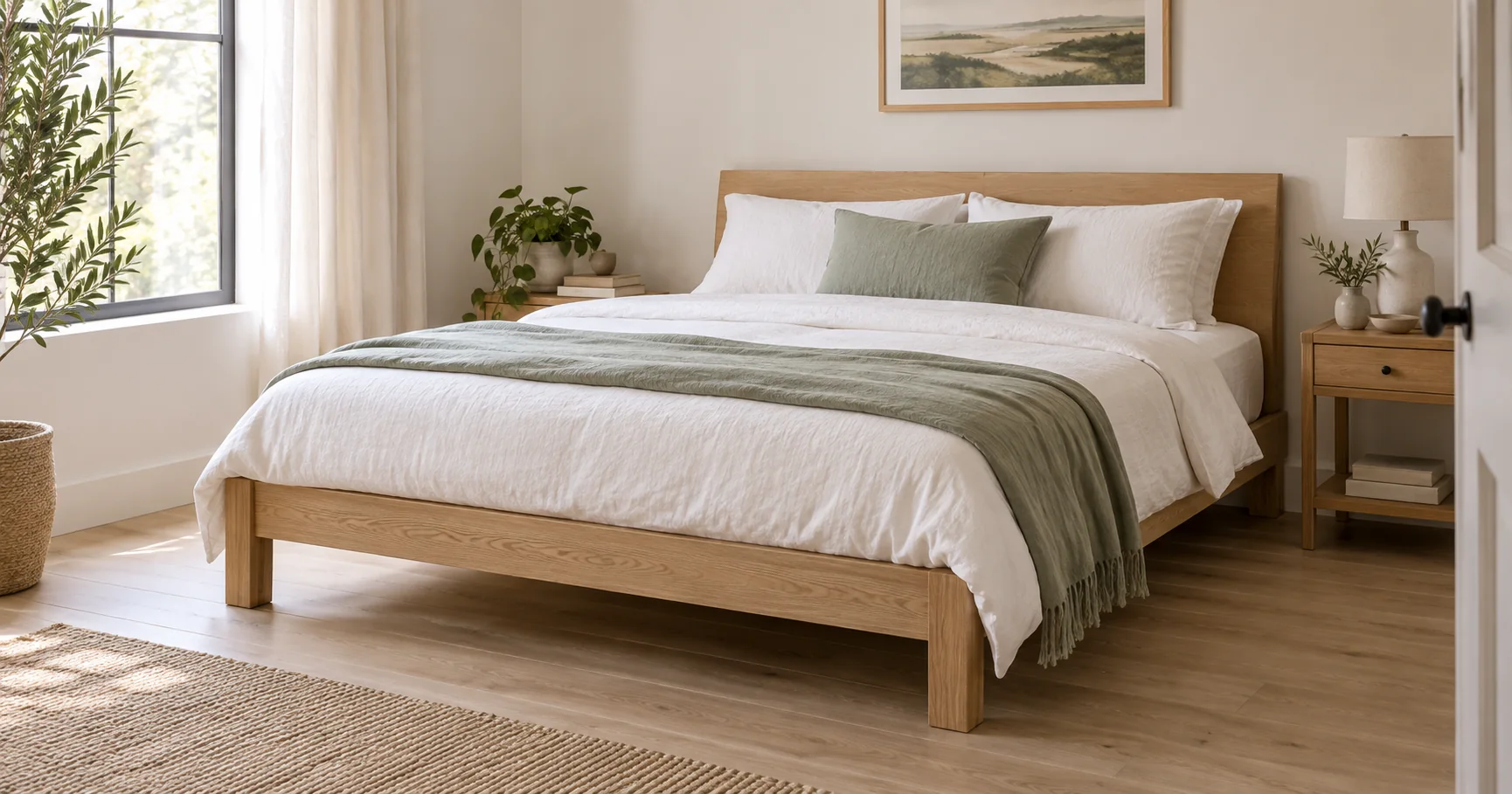 Light wood platform bed with white bedding and a sage throw in a compact sunlit bedroom