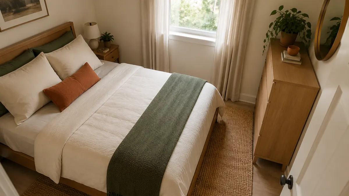 Compact 10x10 bedroom with a queen bed, dresser and walking clearance