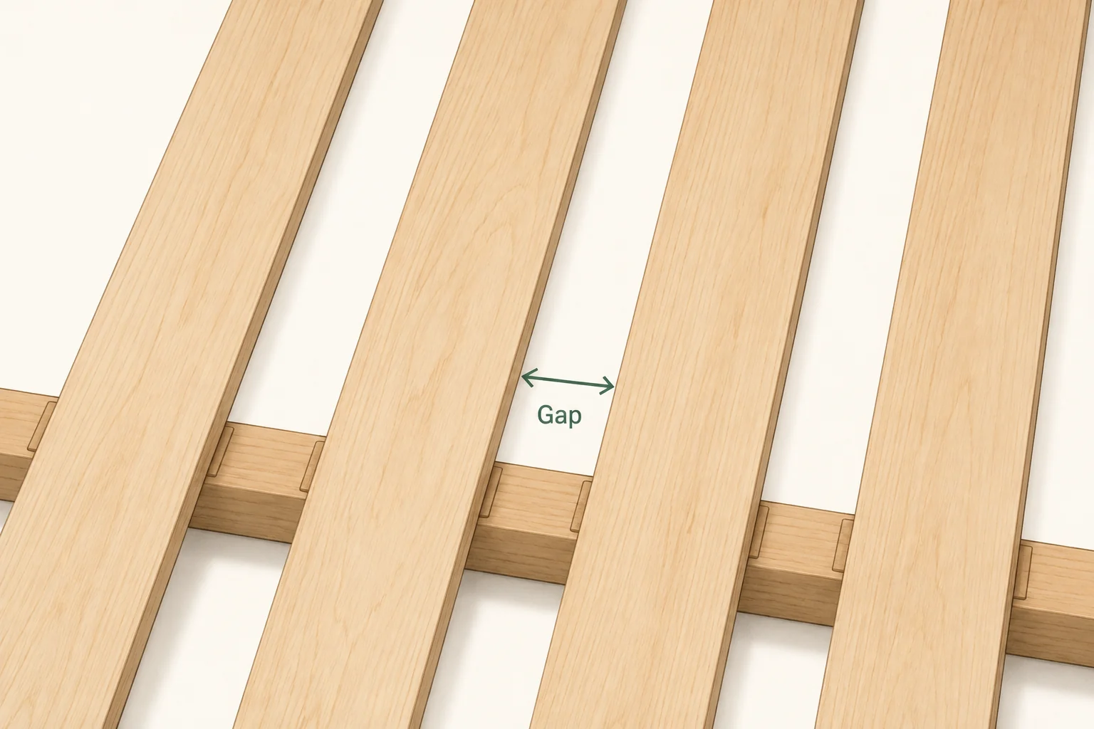 Diagram showing the open gap between two neighboring wooden bed slats