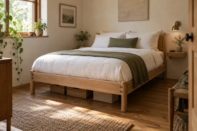 Compact bedroom with a natural wood platform bed and open underbed storage space