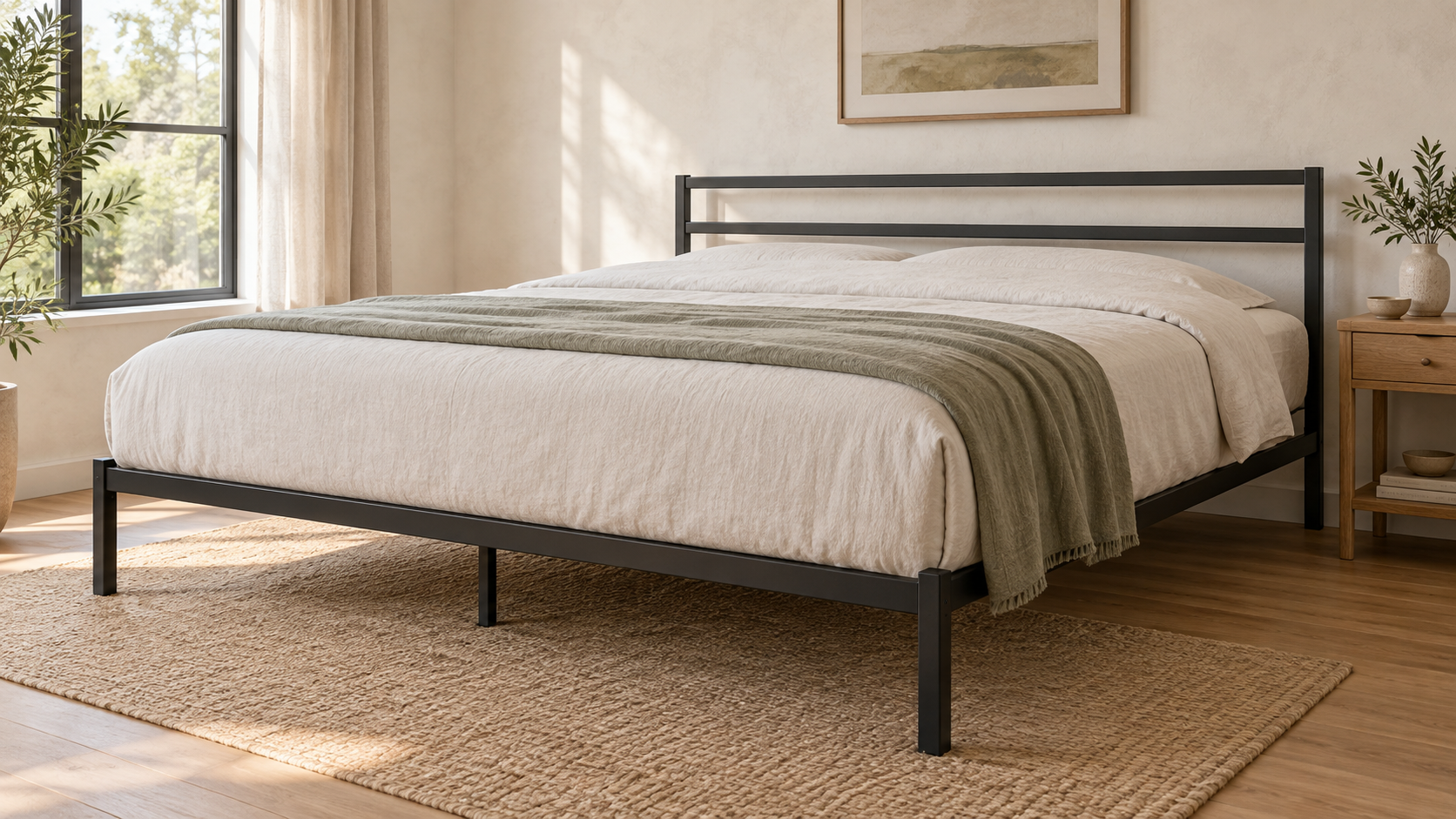 Black metal King platform bed in a sunlit bedroom with neutral linen bedding