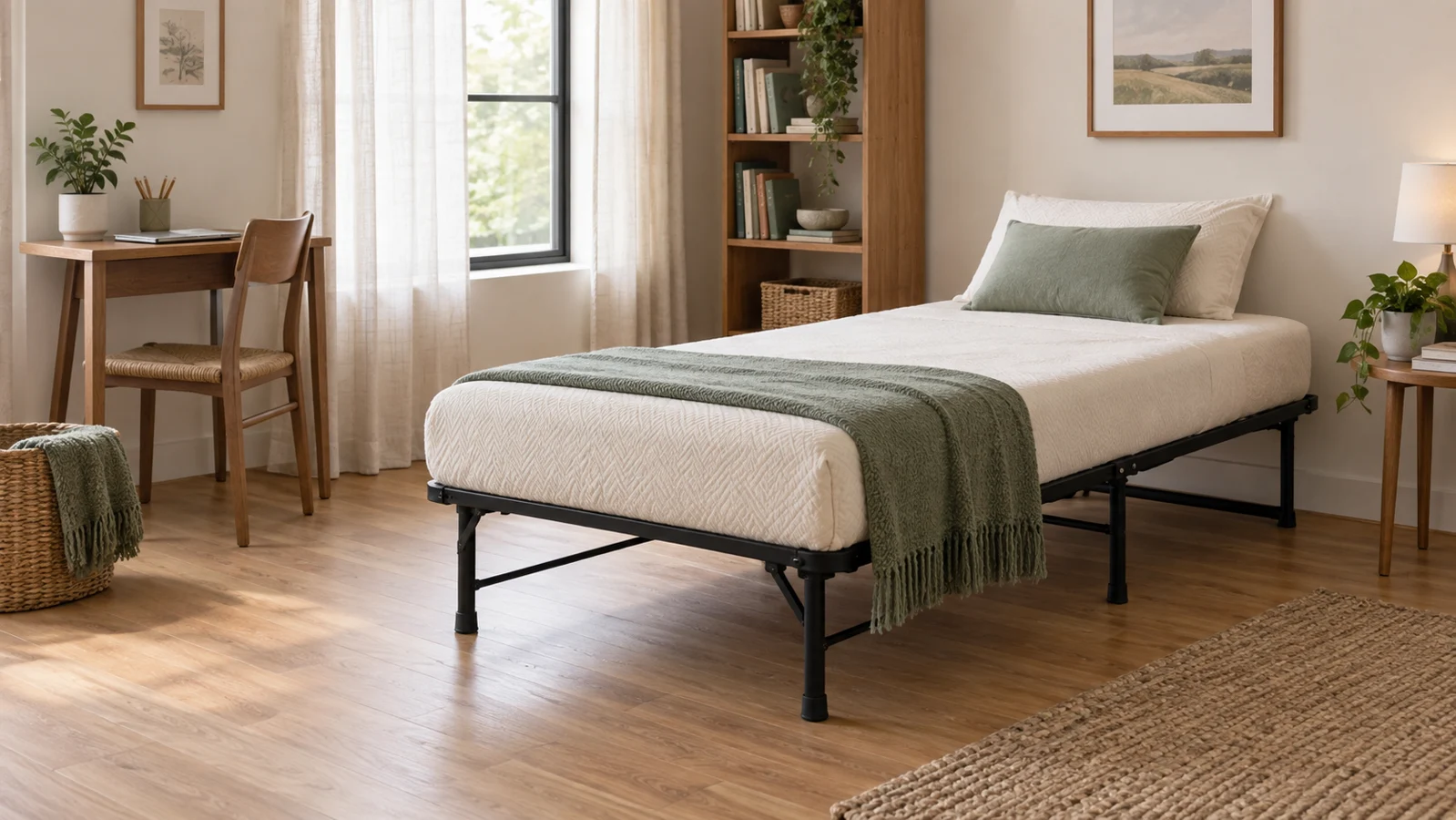 Illustrative small guest room with a simple black platform bed and compact desk