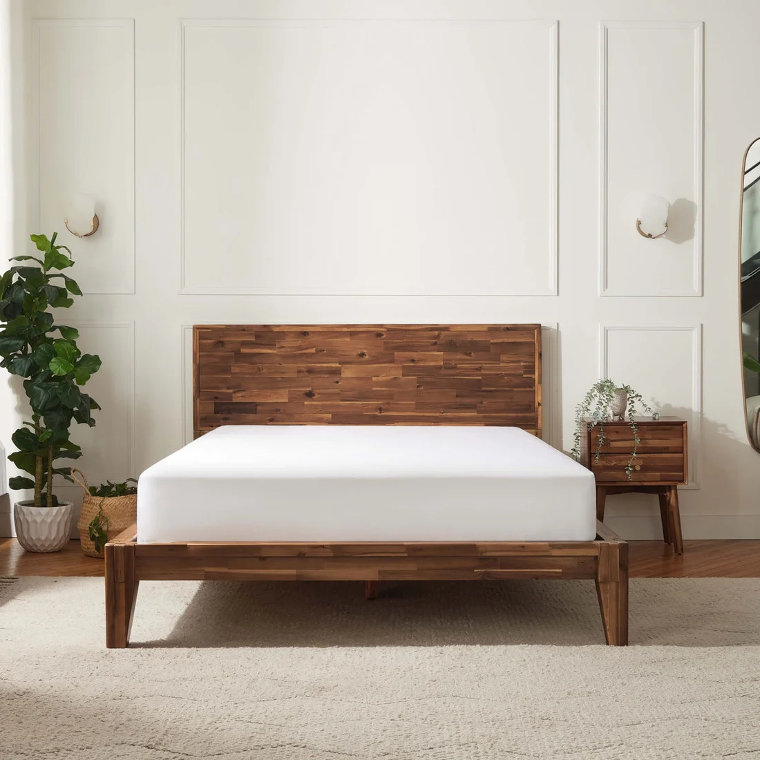 Silk & Snow Wooden Bed Frame — Queen, Cortado Acacia, Solid Headboard