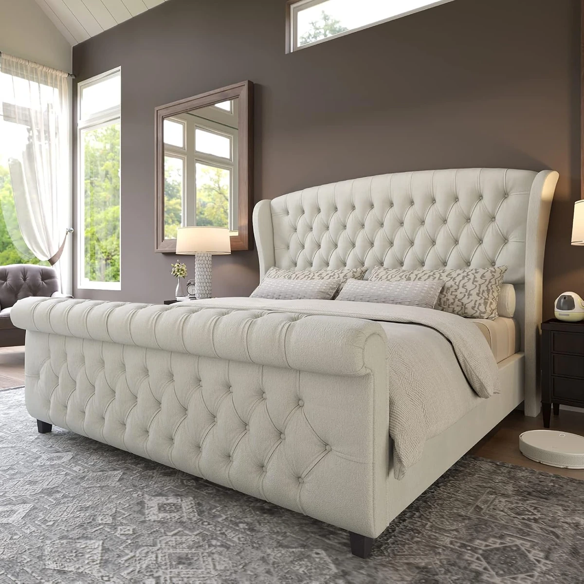 AMERLIFE Chenille Sleigh Bed Frame, Queen complete frame