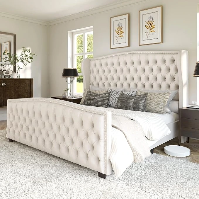 AMERLIFE Velvet Wingback Bed Frame, Queen complete frame