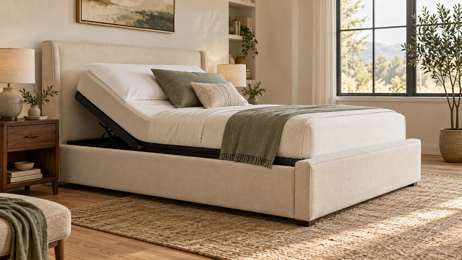 Upholstered decorative bed frame surrounding an adjustable base with the mattress head raised