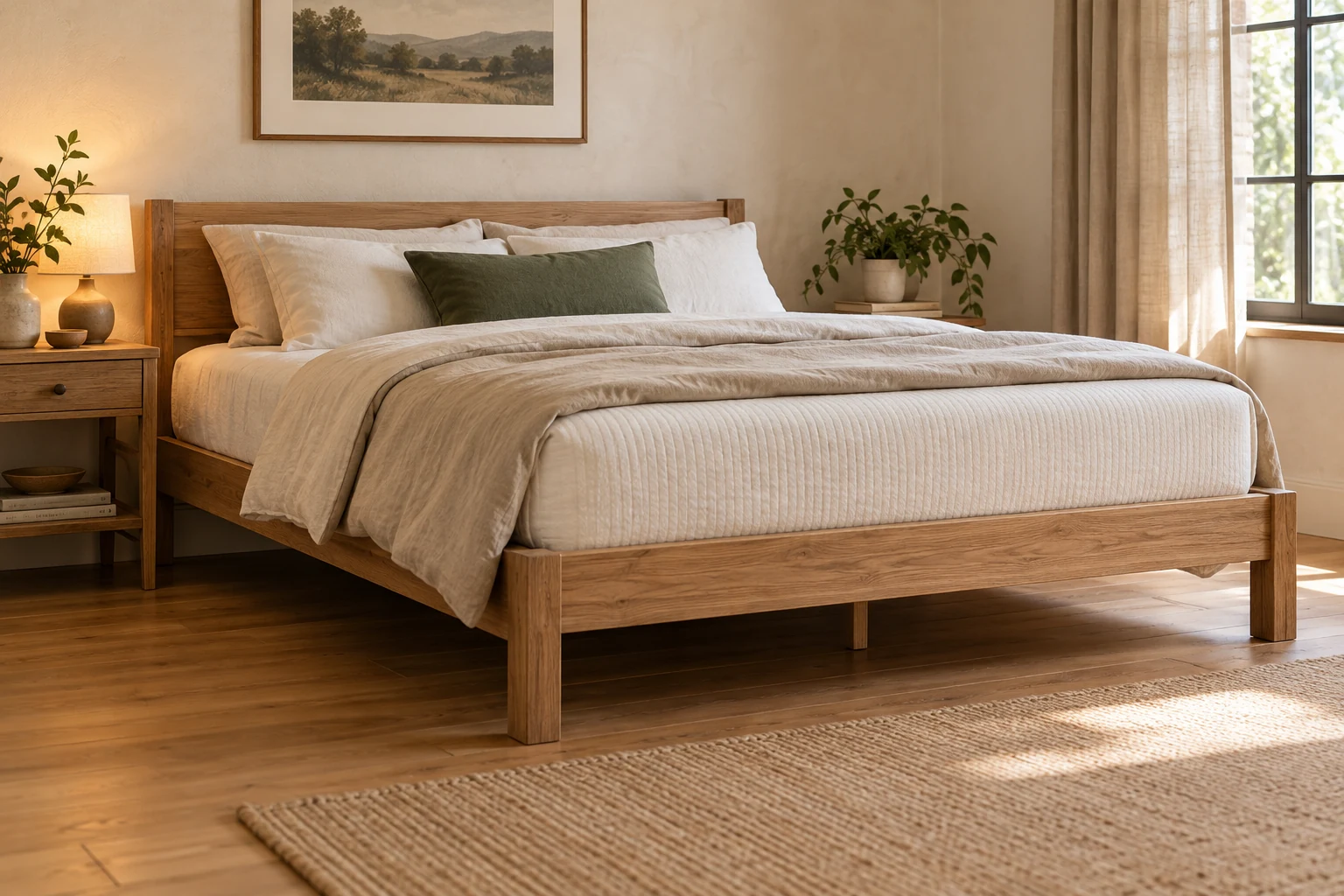 Natural wood platform bed with a neatly dressed mattress in a warm neutral bedroom