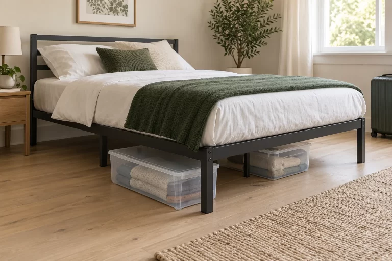 Dark metal platform bed with two lidded storage bins underneath, one partly pulled out into a clear floor space