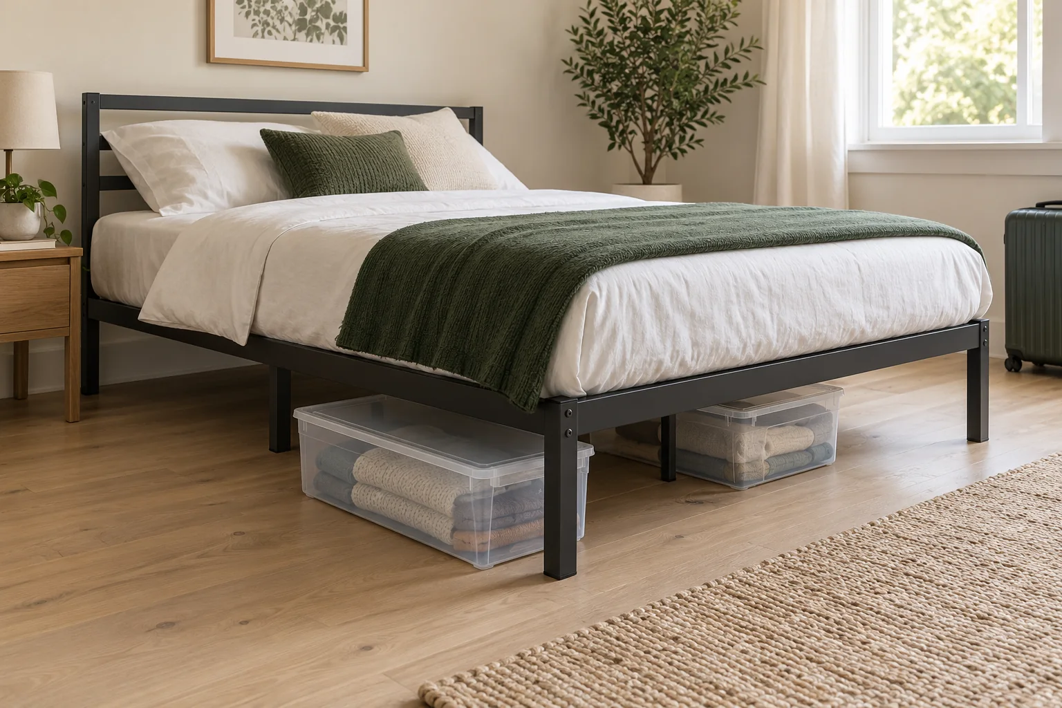 Dark metal platform bed with two lidded storage bins underneath, one partly pulled out into a clear floor space