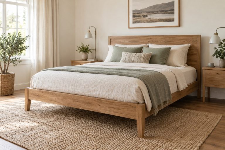 Natural wood platform bed with a wooden headboard and cream bedding in a bright bedroom