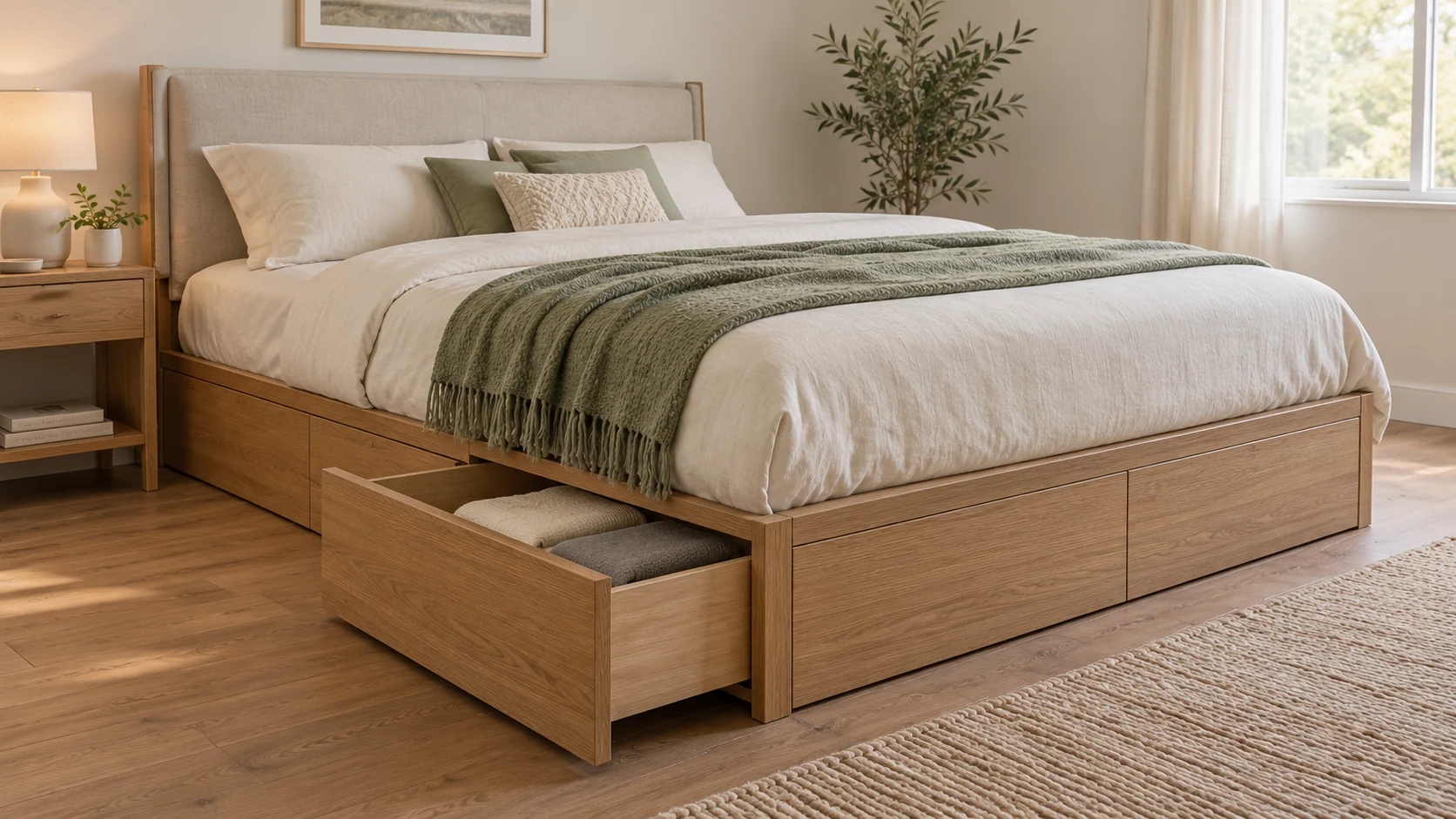 Wooden storage bed with a side drawer open to reveal neatly folded linens