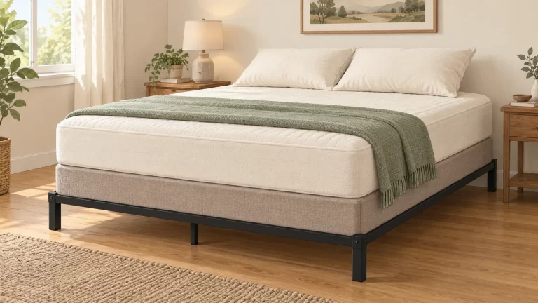 Illustration of a mattress and fabric-covered box spring foundation on a low metal bed frame in a small bedroom
