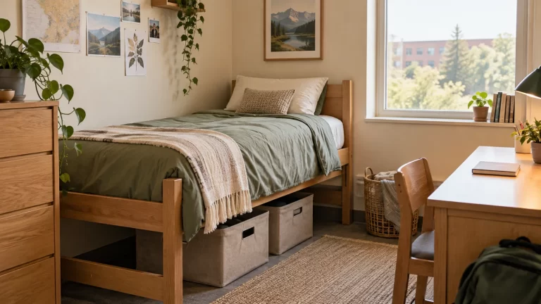 Compact dorm-style room with a narrow wooden bed, sage bedding, a desk, and storage bins underneath.