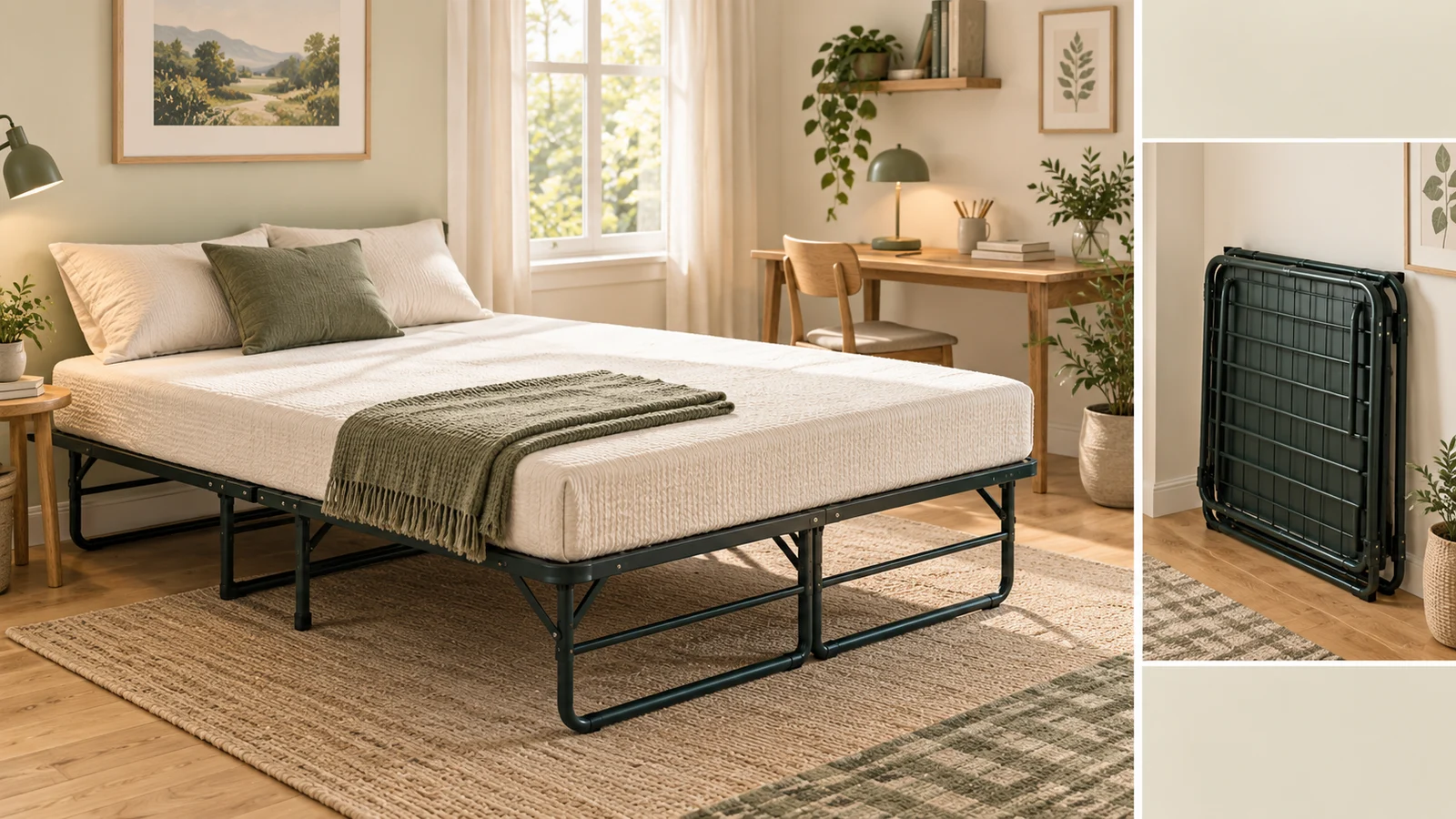 Illustration of a Queen platform bed in a small guest room, with an inset showing a folded empty frame
