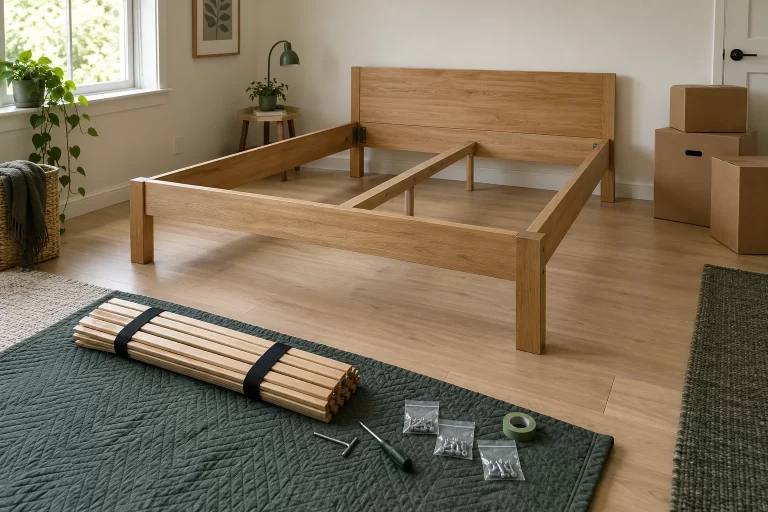 Wooden bed frame with its mattress and slats removed, bundled slats, hand tools, and hardware bags on a moving blanket