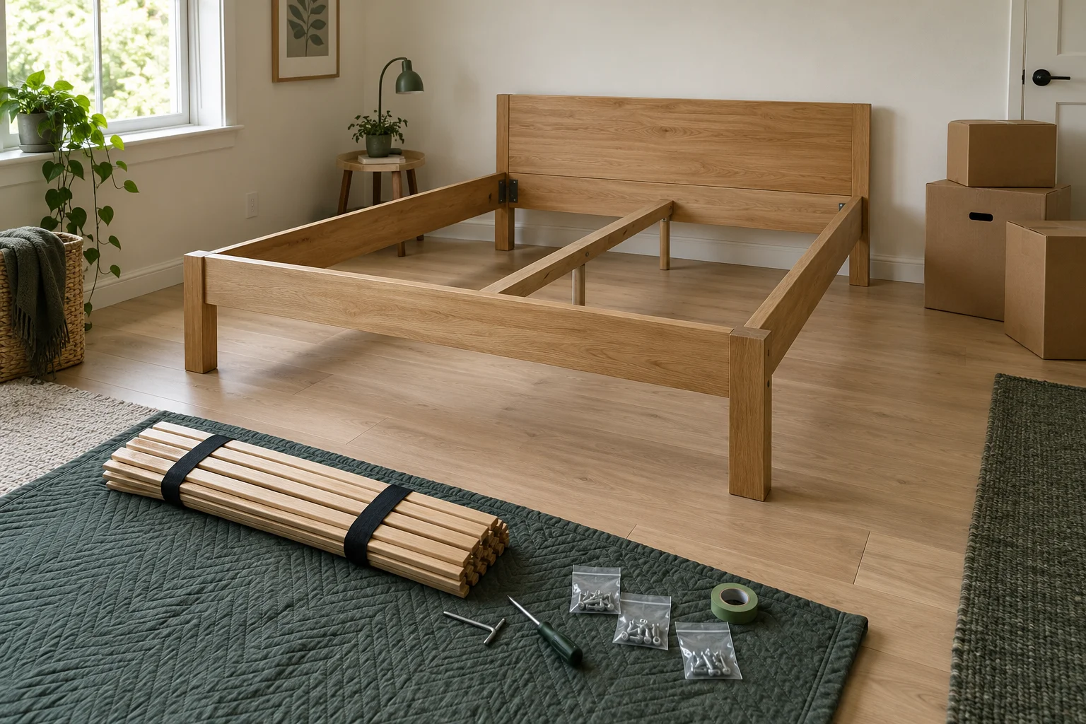 Wooden bed frame with its mattress and slats removed, bundled slats, hand tools, and hardware bags on a moving blanket