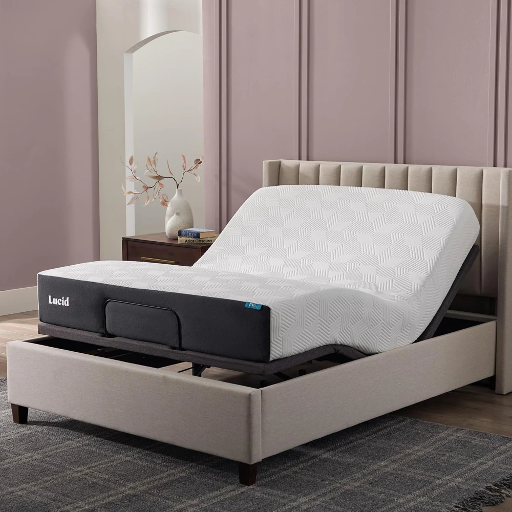 LUCID L600 adjustable Queen base shown raised inside a separate upholstered bed frame with a separate mattress