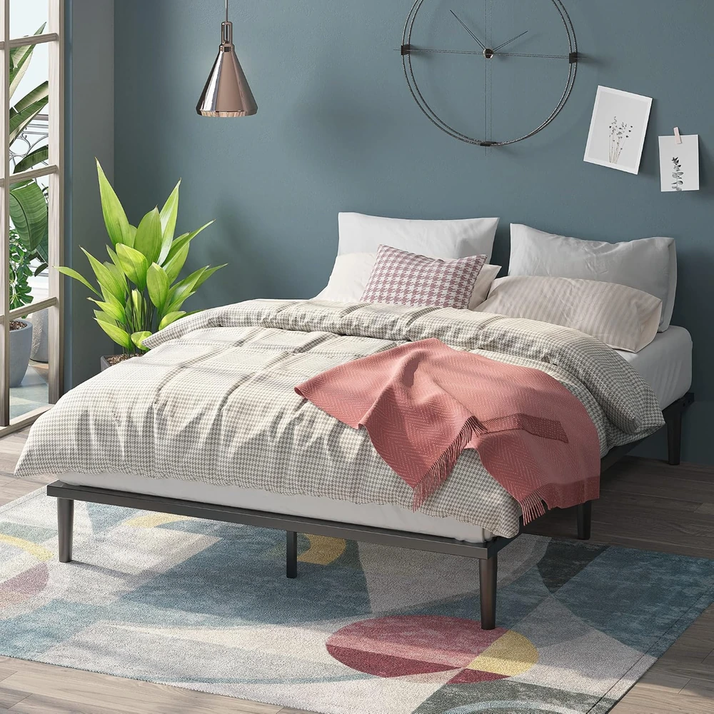 Black ZINUS Parker Queen platform bed with tapered legs, shown with separate mattress and bedding