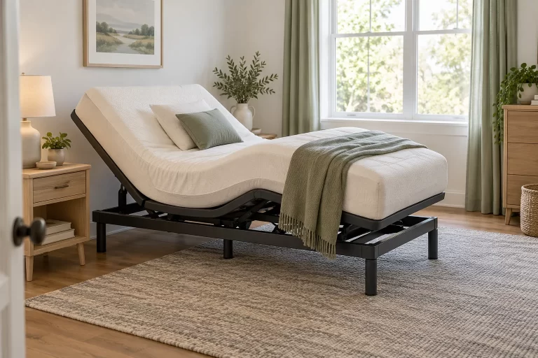 Adjustable bed in a zero gravity reclining position in a compact bedroom